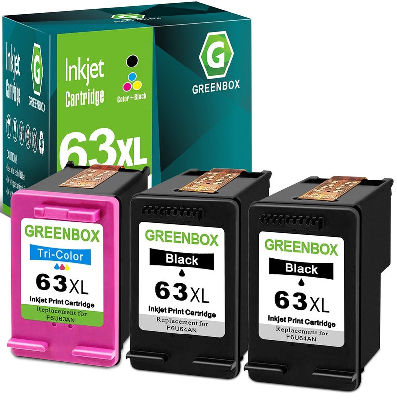 GREENBOX 63XL Ink Cartridges Black/Color Combo Replacement for HP 63XL 63 XL Ink Cartridge for OfficeJet 3830 5255 5258 Envy 4520 4512 4513 4516 DeskJet 1112 1110 3630 3634 2130 2132 Printer, 3 Pack - Image 1